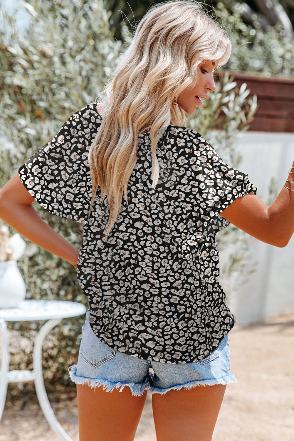 Floral Print Buttons Tiered Ruffled Shot Sleeve Shirt
