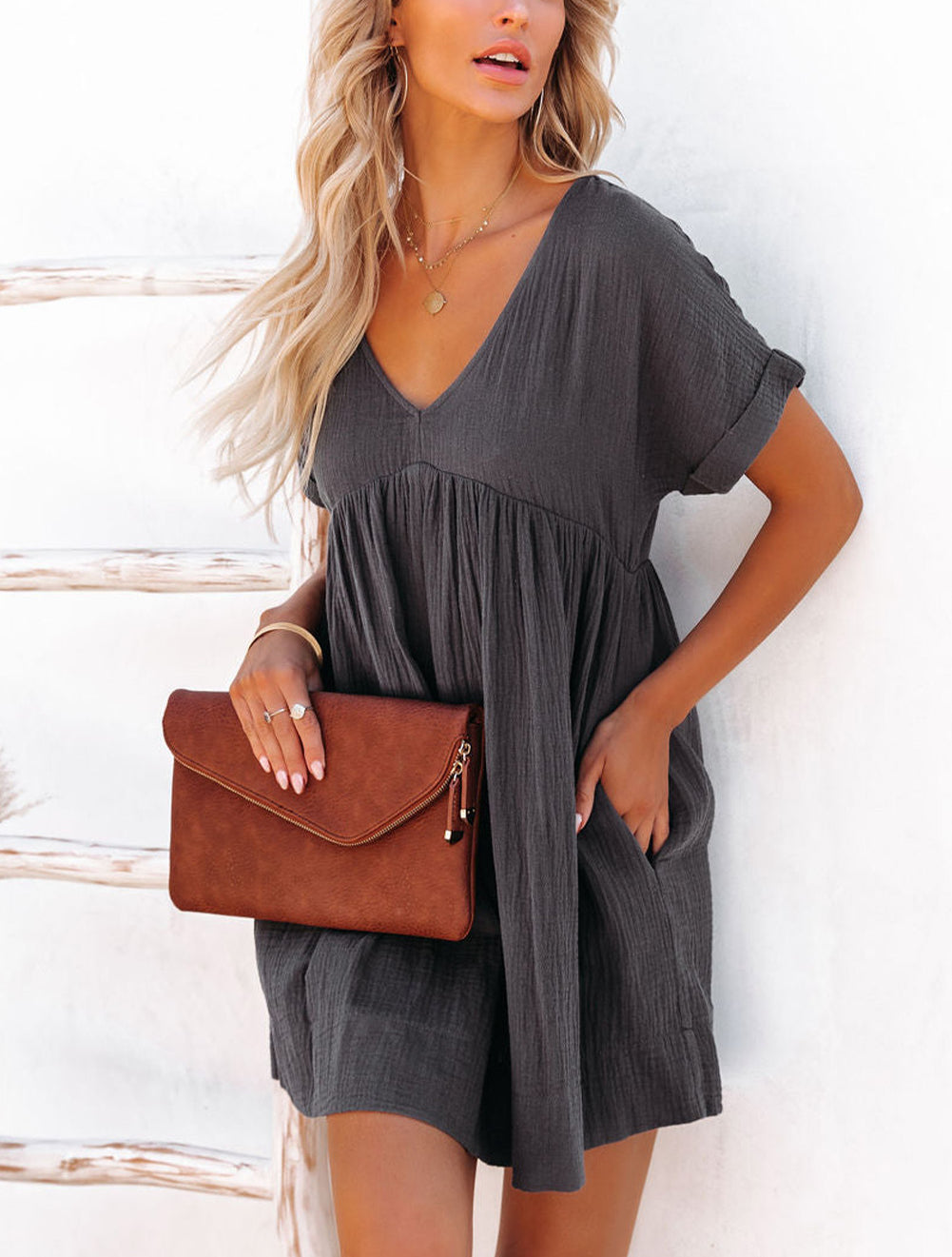 Gray Roll Up Short Sleeve V Neck Babydoll Mini Dress