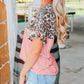 Pink Leopard Sequin Colorblock Patchwork Short Sleeve Top