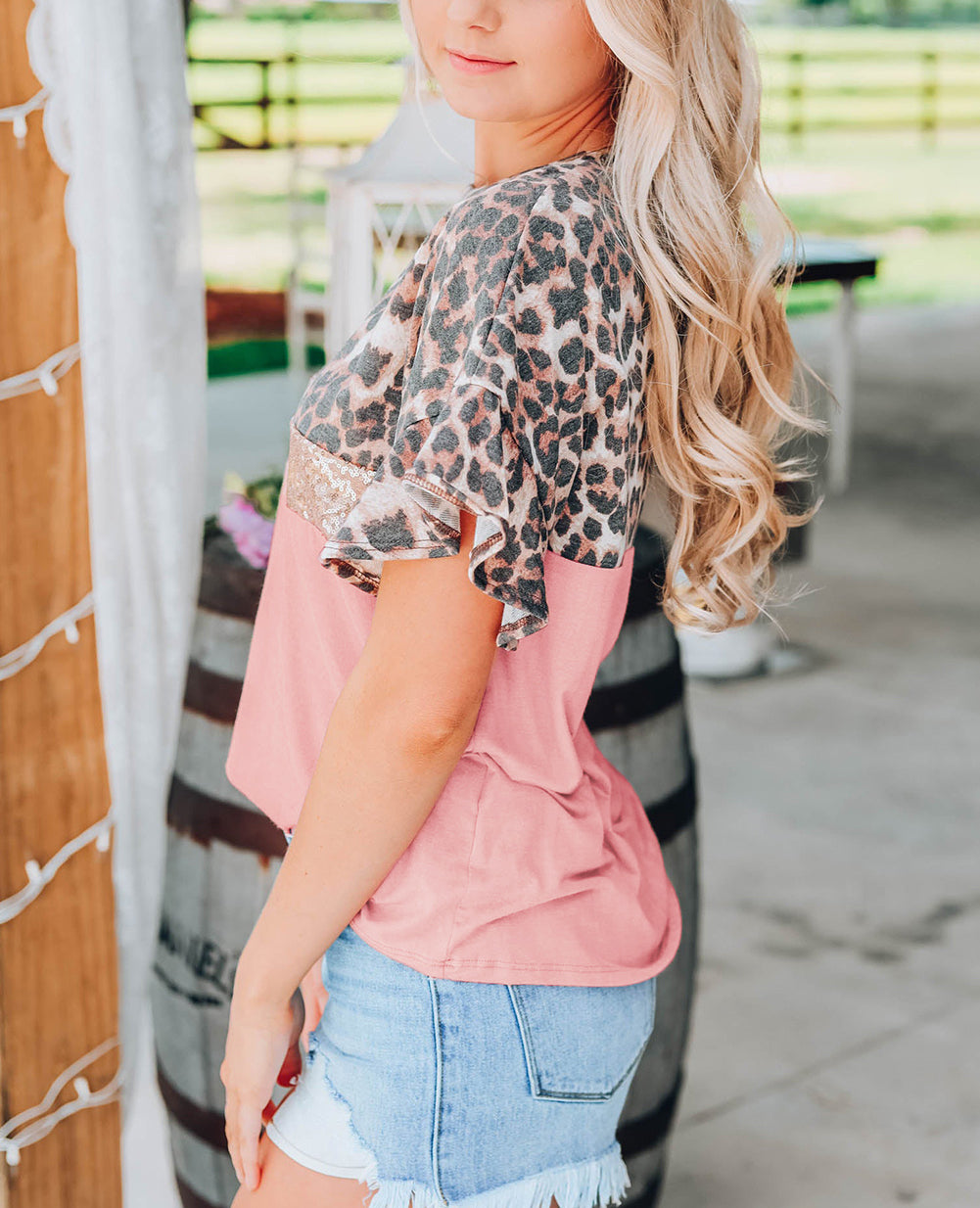 Pink Leopard Sequin Colorblock Patchwork Short Sleeve Top