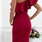 Red Ruffled One Shoulder Ruched Slit Bodycon Dress