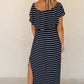 Blue Striped Print Ruffled High Waist Maxi Dress with Side Splits