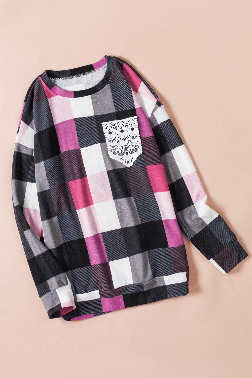 Plaid Print Lace Pocket Long Sleeve Top