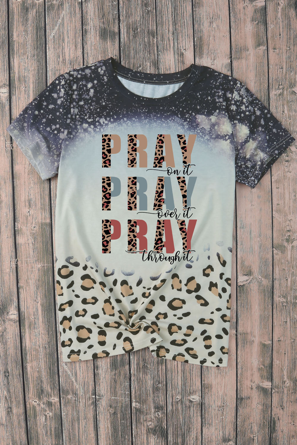 Blue PRAY Western Leopard Slogan Print Bleached T Shirt