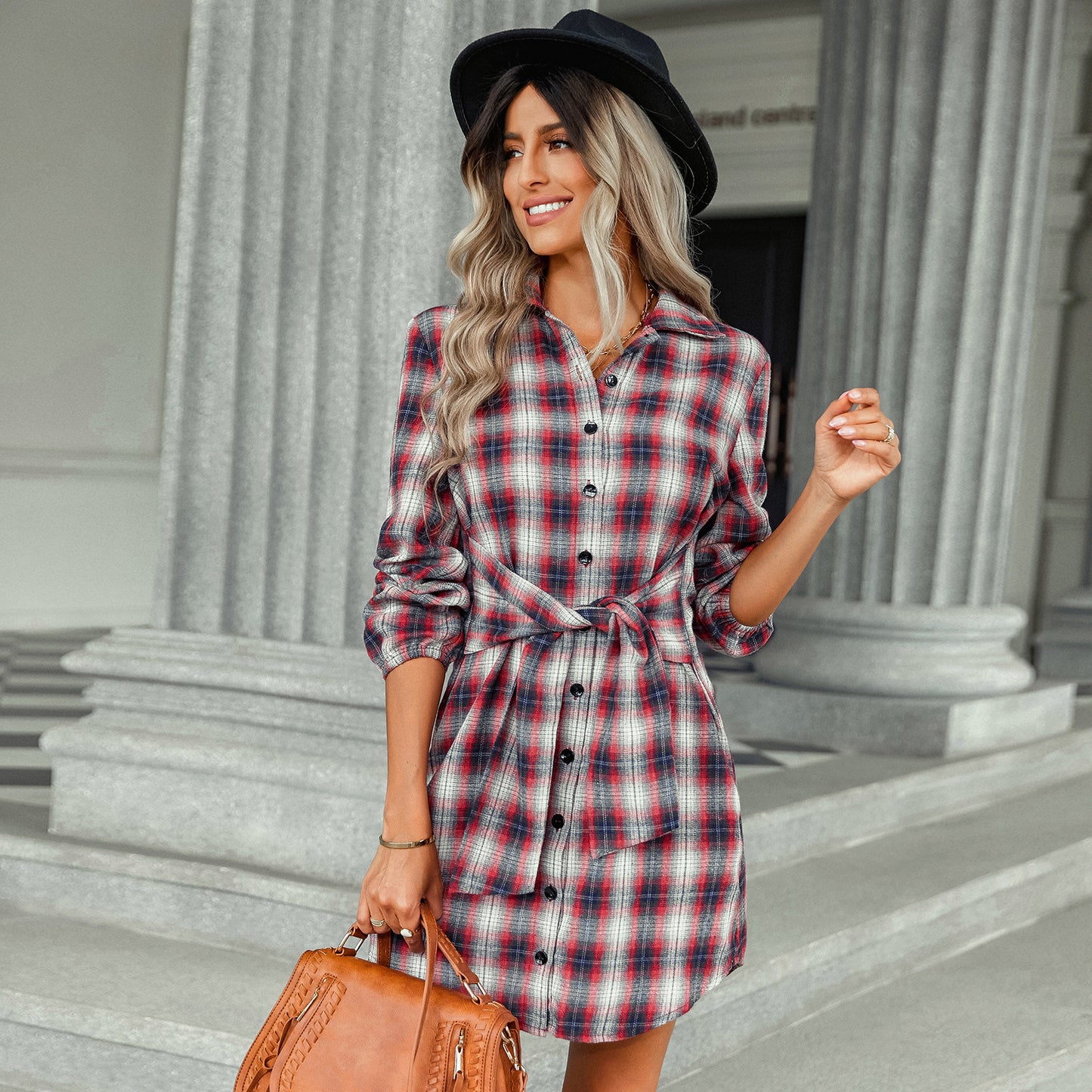 Single breasted fashionable plaid lace waist dress