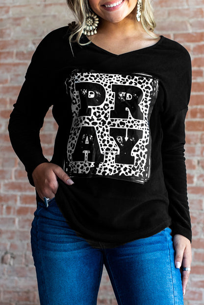 Leopard PRAY Graphic Long Sleeve T Shirt