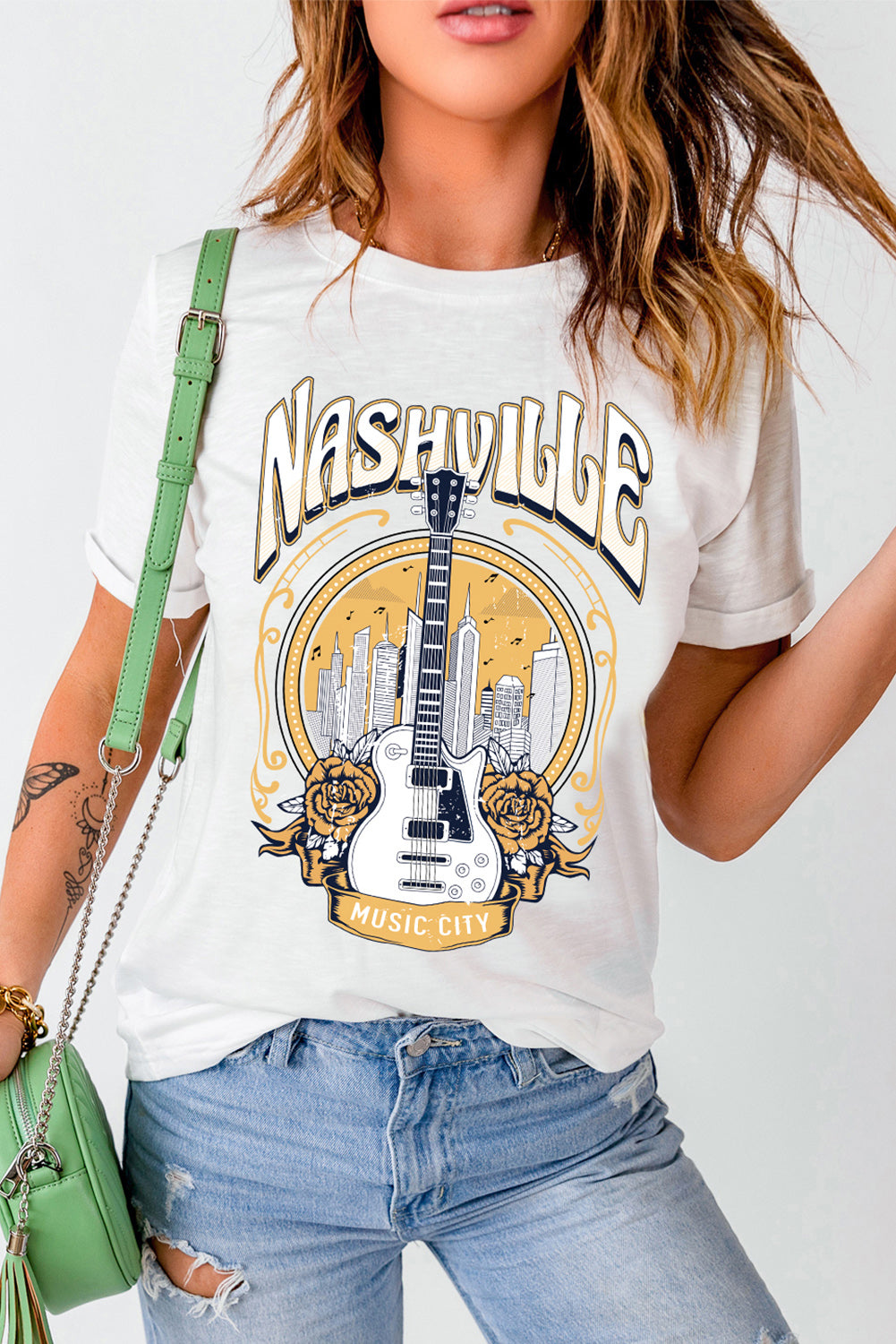 White Music City NASHVILLE Guitar Floral Print Graphic T Shirt