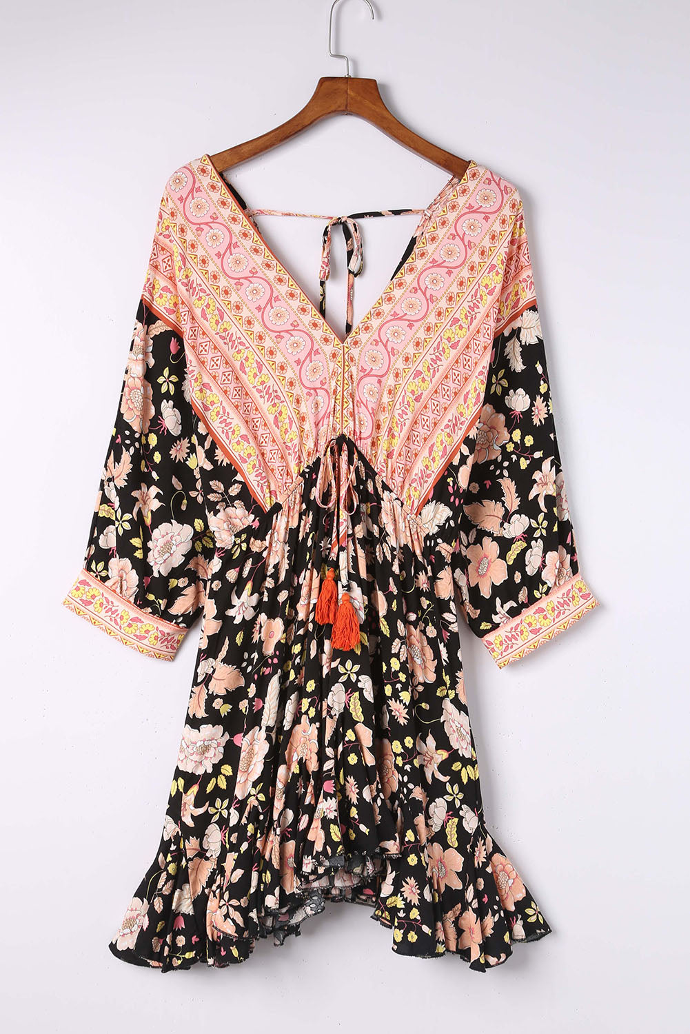 Black V Neck 3/4 Sleeves Floral Dress