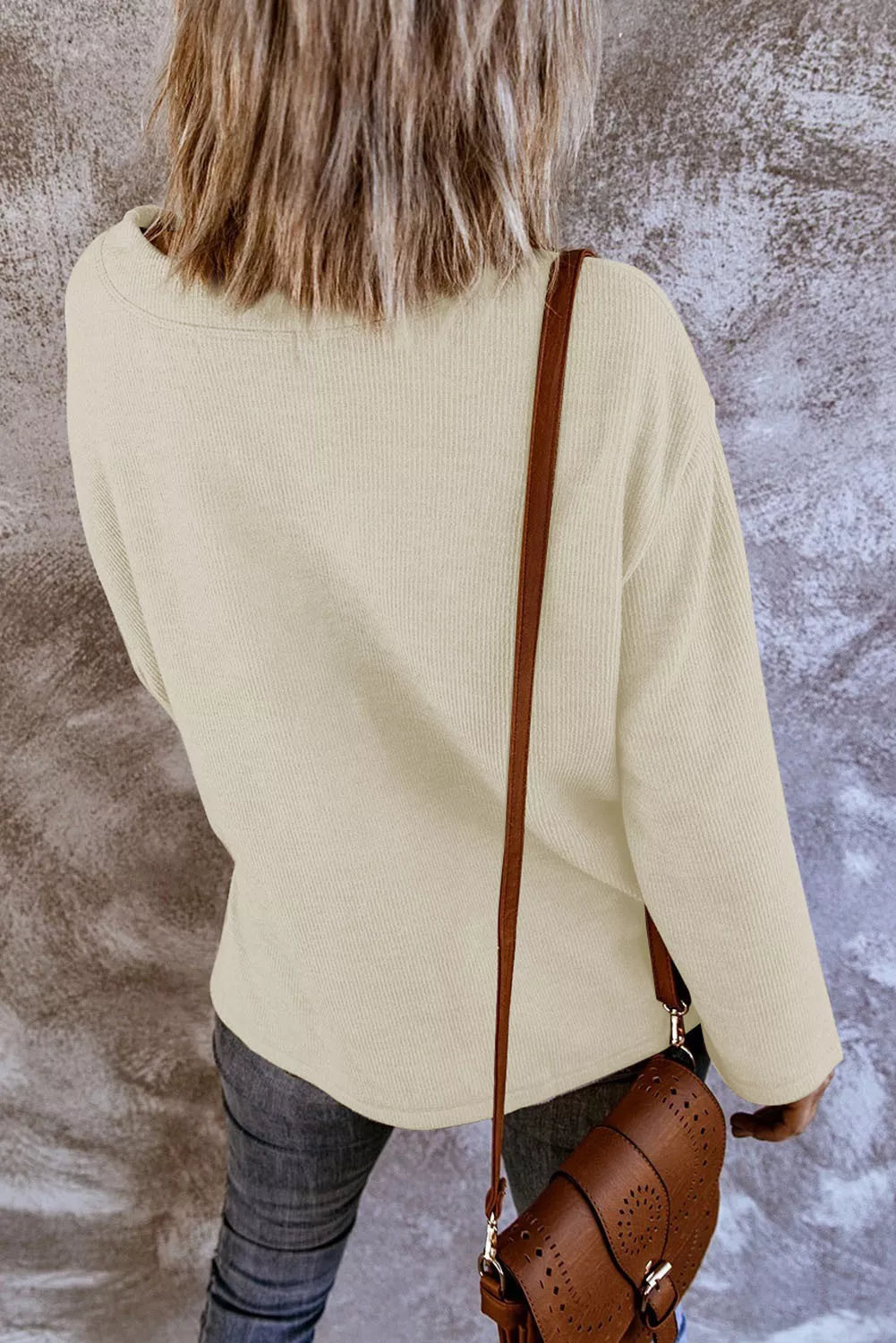 Apricot V Neck Buttons Drop Shoulder Ribbed Knit Top