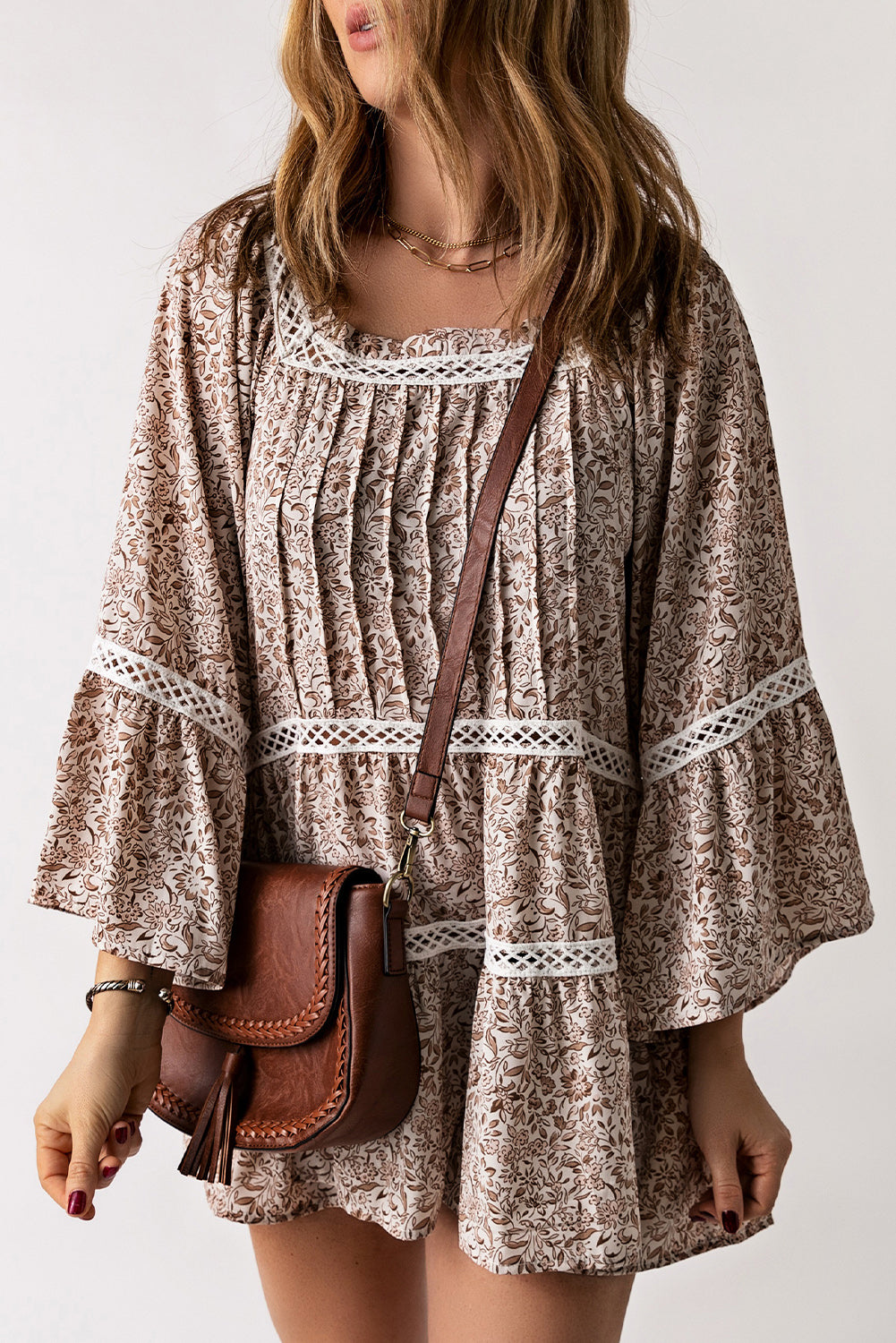 Beige Floral Hollowed Lace Trim Loose Tunic Top