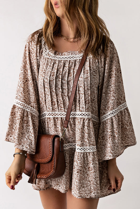 Beige Floral Hollowed Lace Trim Loose Tunic Top