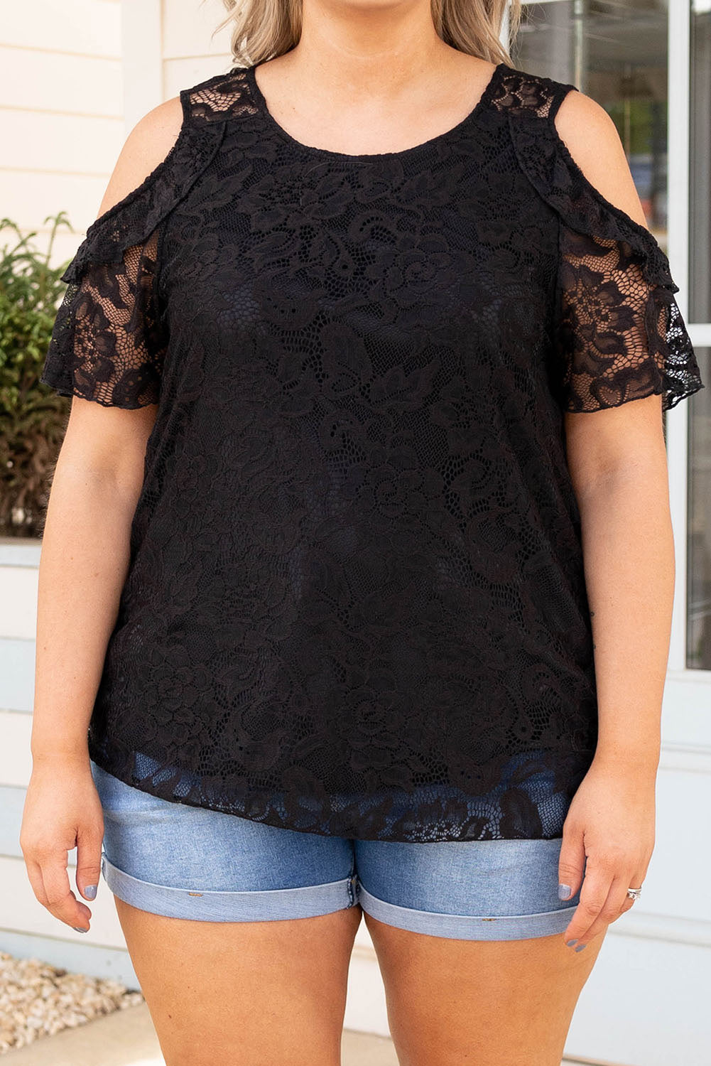 Black Floral Lace Cold Shoulder Plus Size Top
