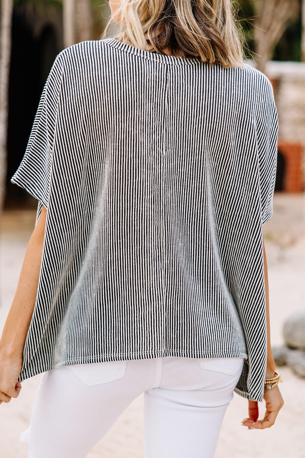 Gray Ribbed Knit Round Neck Relaxed Tee