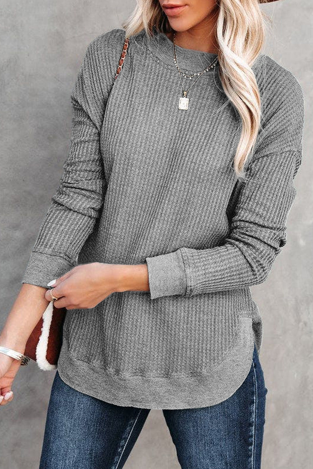 Crew Neck Ribbed Trim Waffle Knit Top