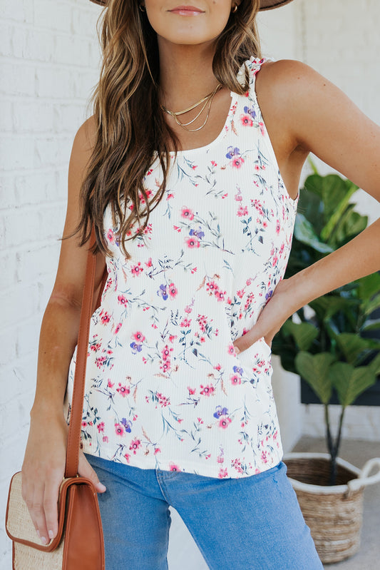 White Ruffle Straps Floral Rib Knit Tank Top