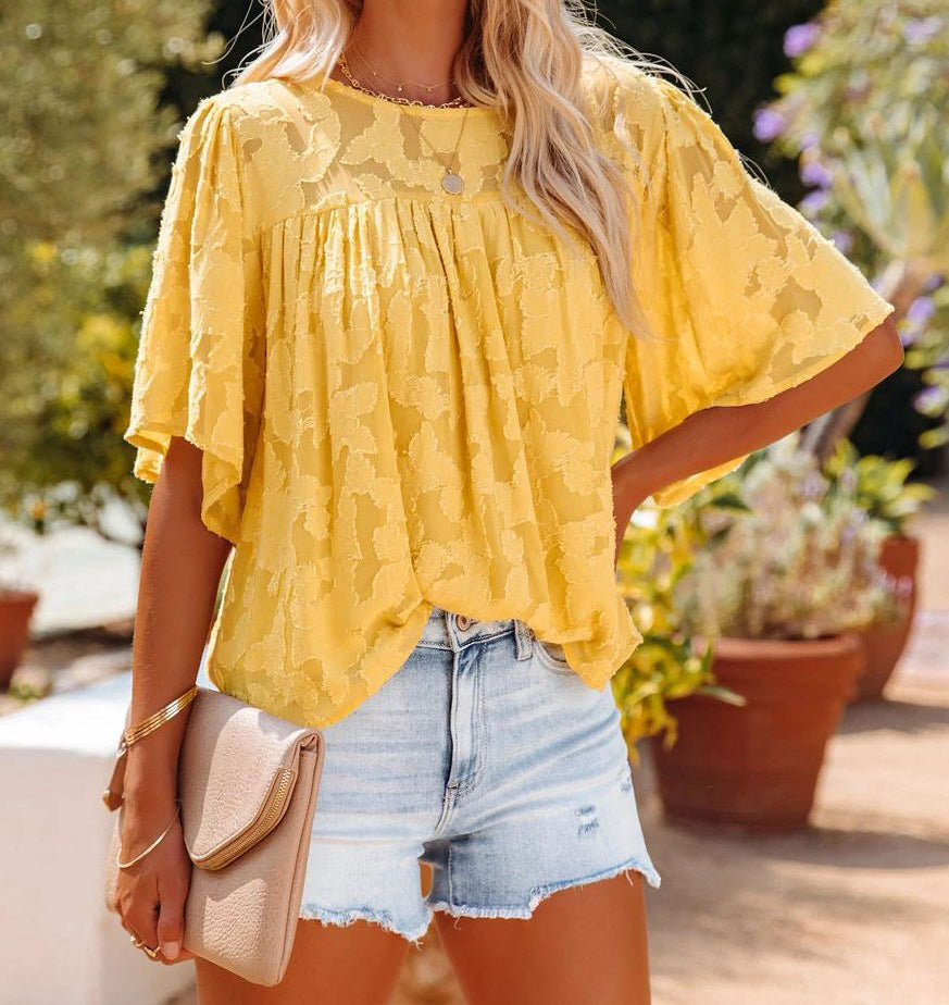 Paneled Lace Floral Flared-Sleeve Chiffon Top