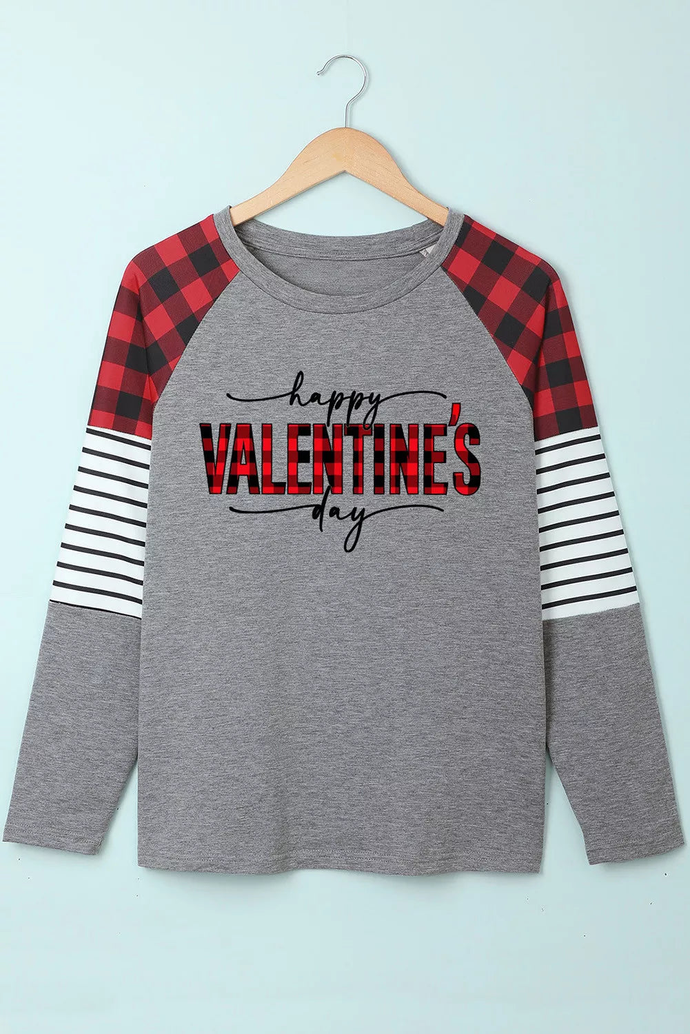 Gray Happy Valentine Day Graphic Buffalo Plaid & Stripe Top