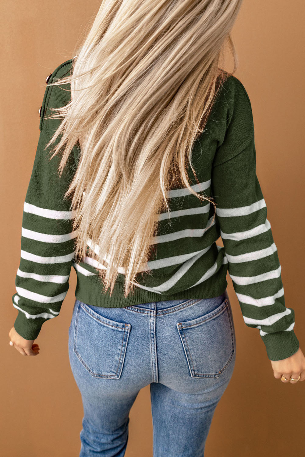 Striped Turtleneck Long Sleeve Sweater with Buttons