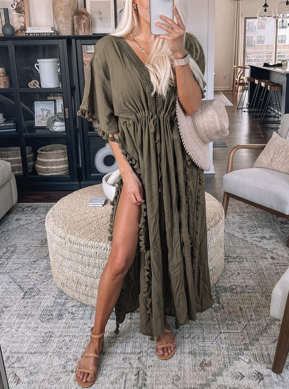 Crochet Tassel Thigh High Split Beach Cover Up