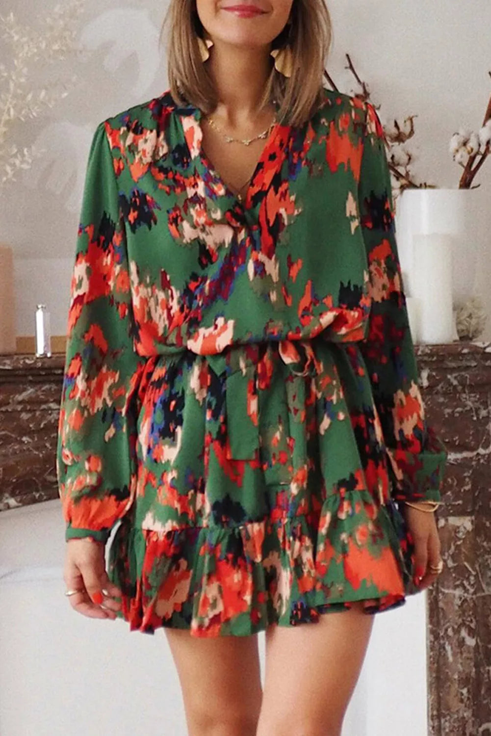 Abstract Print Ruffled Drawstring High Waist Mini Dress