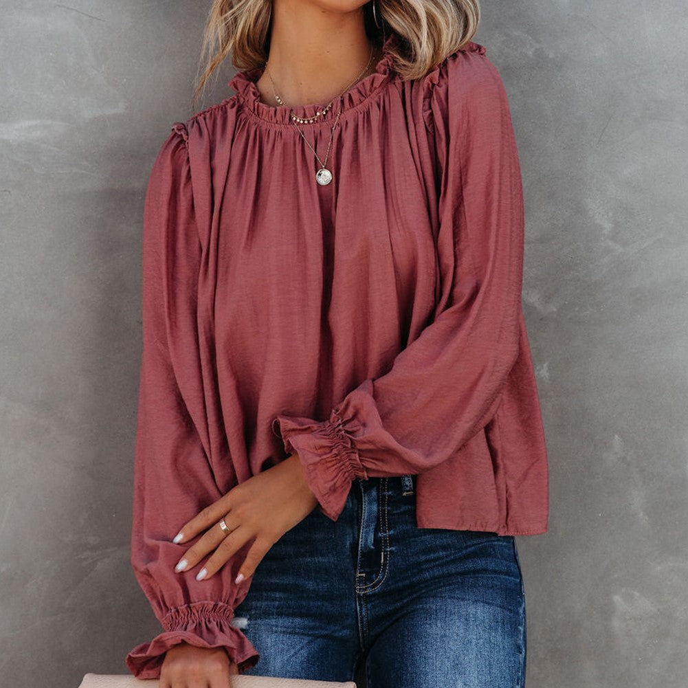 Frilled Neck Ruffled Long Sleeve Blouse