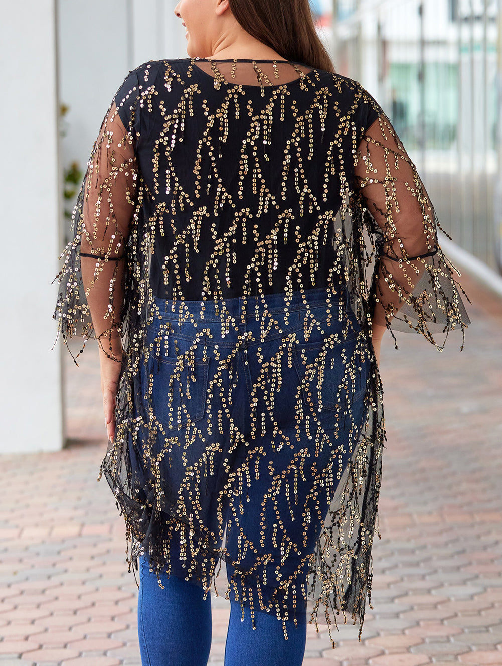 Black 3/4 Bell Sleeve Sequin Sheer Kimono