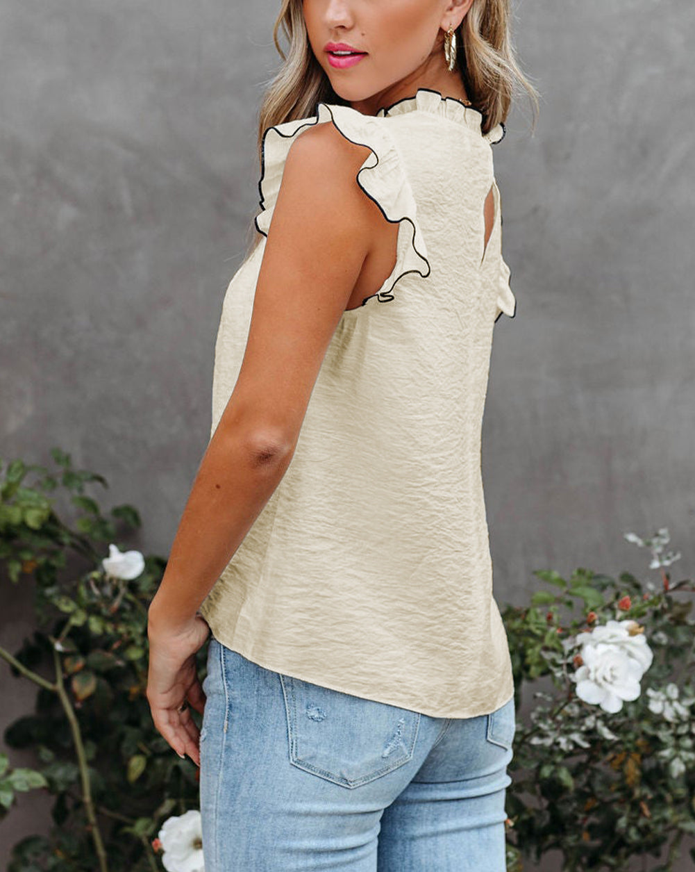 White Contrast Trim Ruffled Crew Neck Sleeveless Top