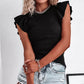 Black Rib Knitted Ruffle Sleeve U Neck Top