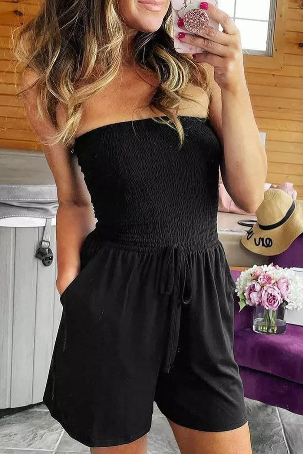 Leopard Strapless Smocked Bodice Drawstring Romper