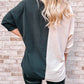 Black Color Block Shirred 3/4 Sleeve V Neck Top