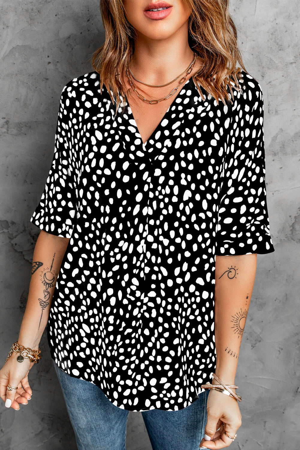 Black Animal Print V-neck Rolled Sleeve Tunic Top