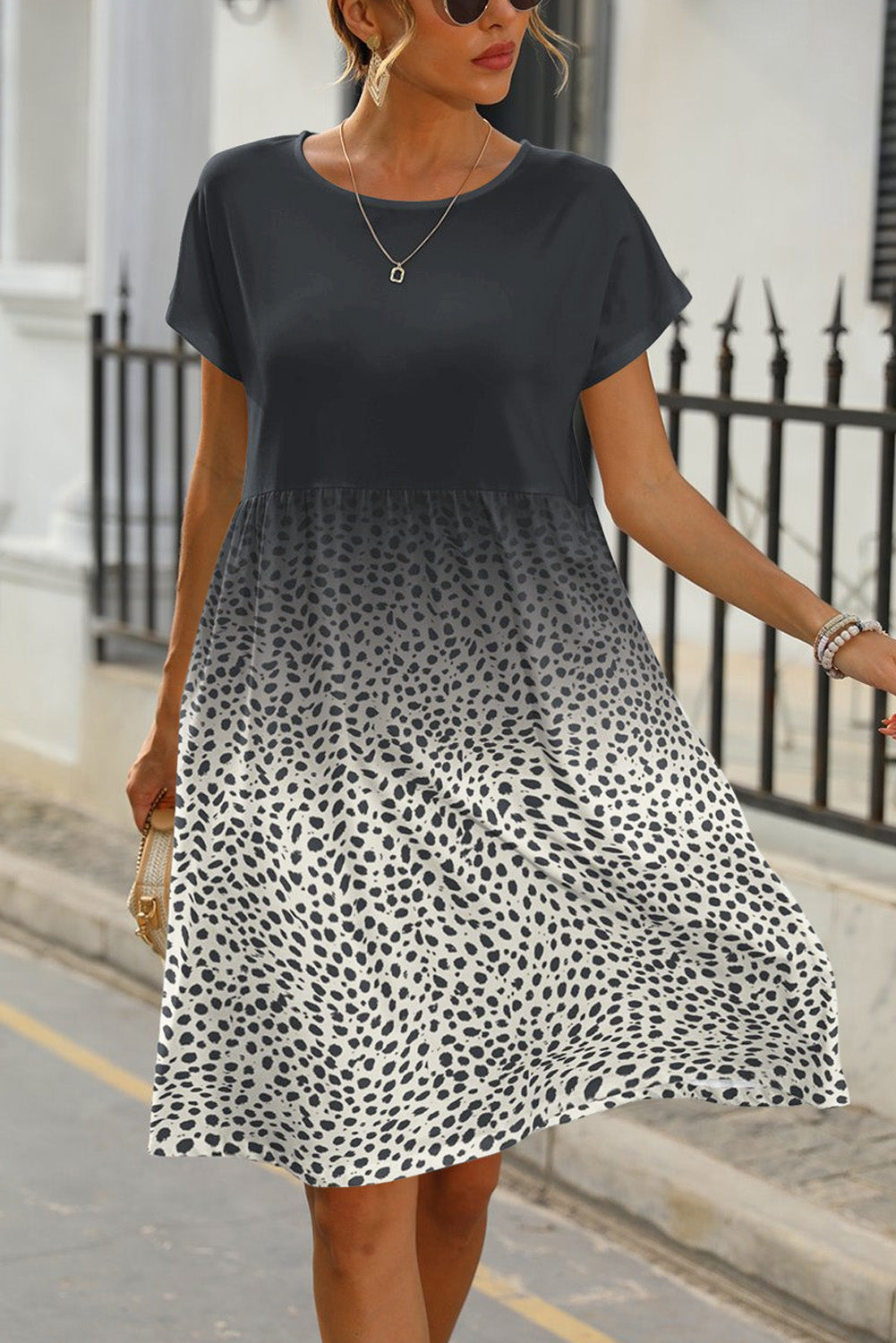 Rose Dotted Contrast Casual Pocket T Shirt Dress