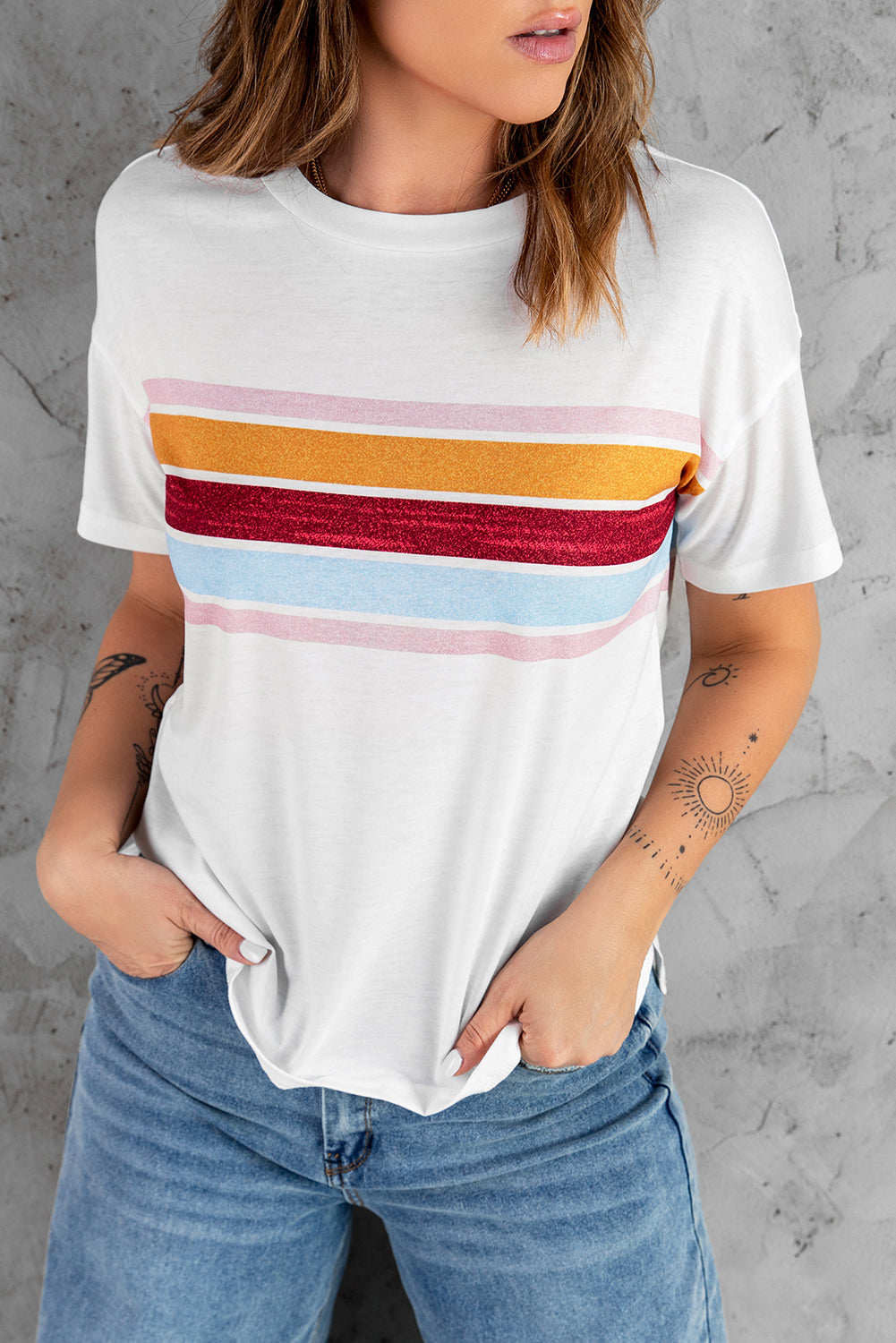 White Striped Print T-shirt