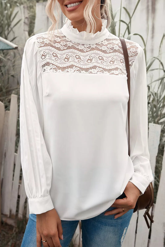 Ruffled Crewneck Lantern Sleeve Splicing Lace Blouse