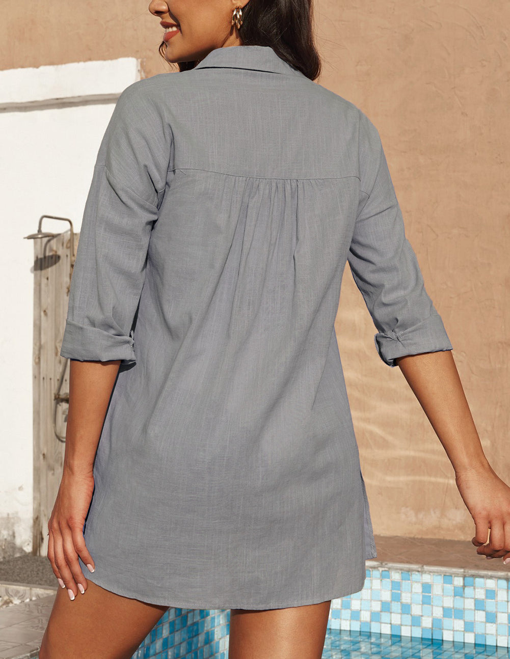 Gray Lightweight Shirt Style Beach Cover Up