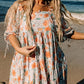 Orange Plus Size Square Neck Tie Sleeve Floral Dress