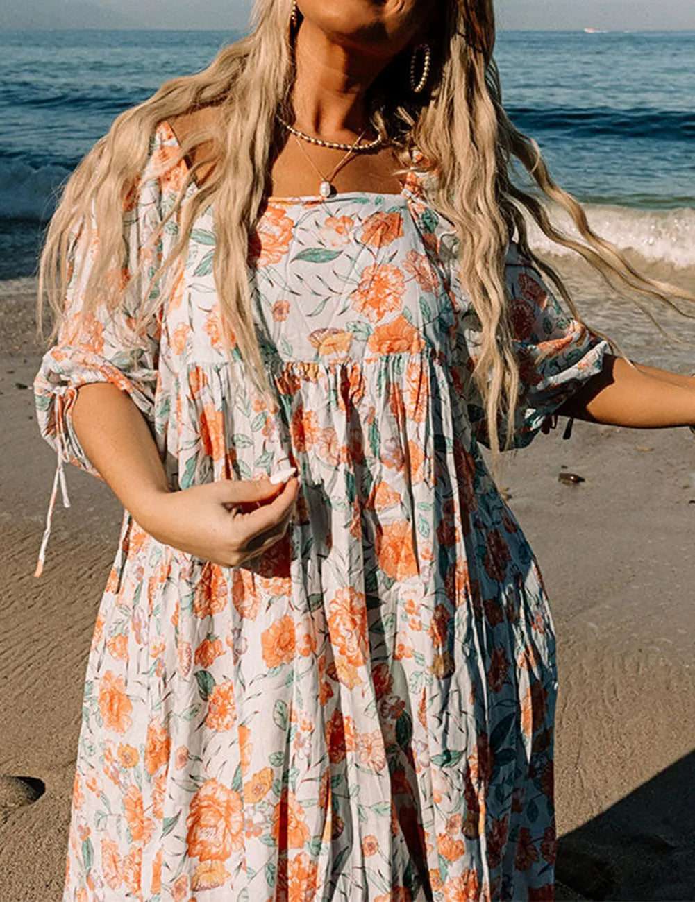 Orange Plus Size Square Neck Tie Sleeve Floral Dress