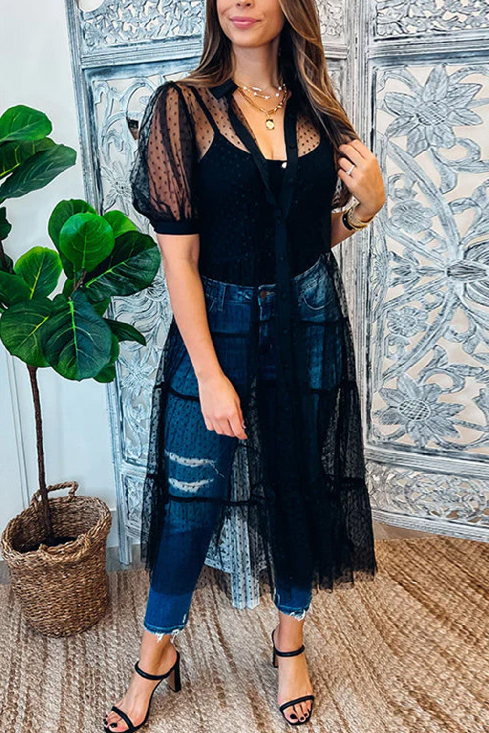 Black Polka Dot Button Up Short Sleeve Sheer Kimono