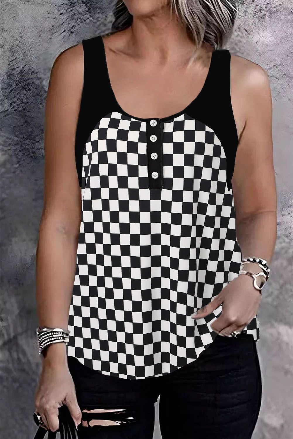 Black Plaid Patchwork Buttoned U Neck Tank Top