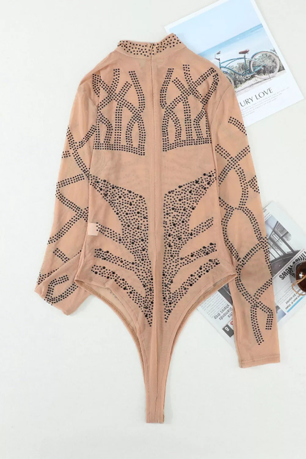 Rhinestone Faux Bustier Mesh Long Sleeves Bodysuit