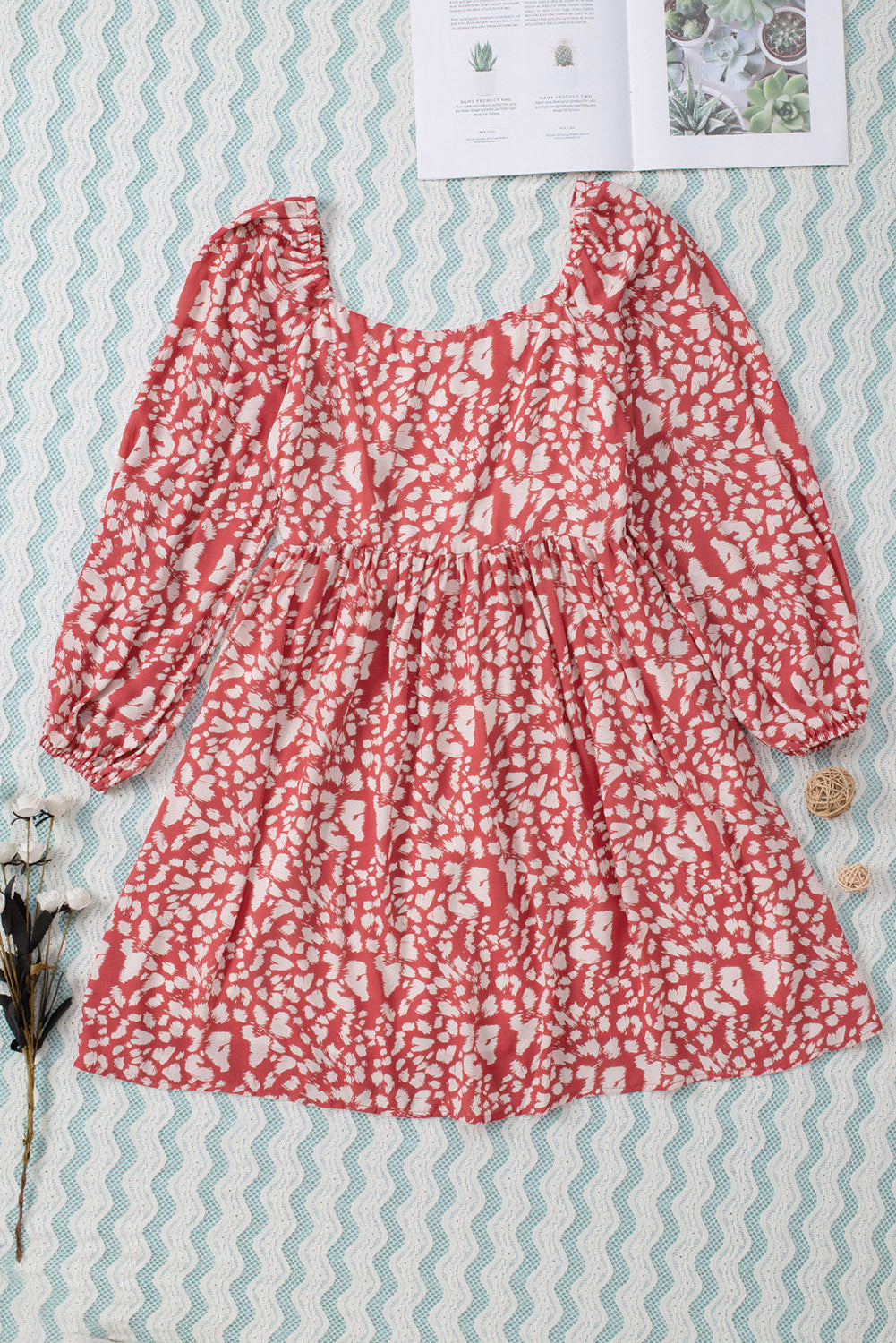 Red Square Neck Leopard Print Babydoll Short Dress