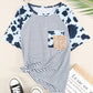 Cow Striped Sequined Splicing Pocket Short Sleeve Top