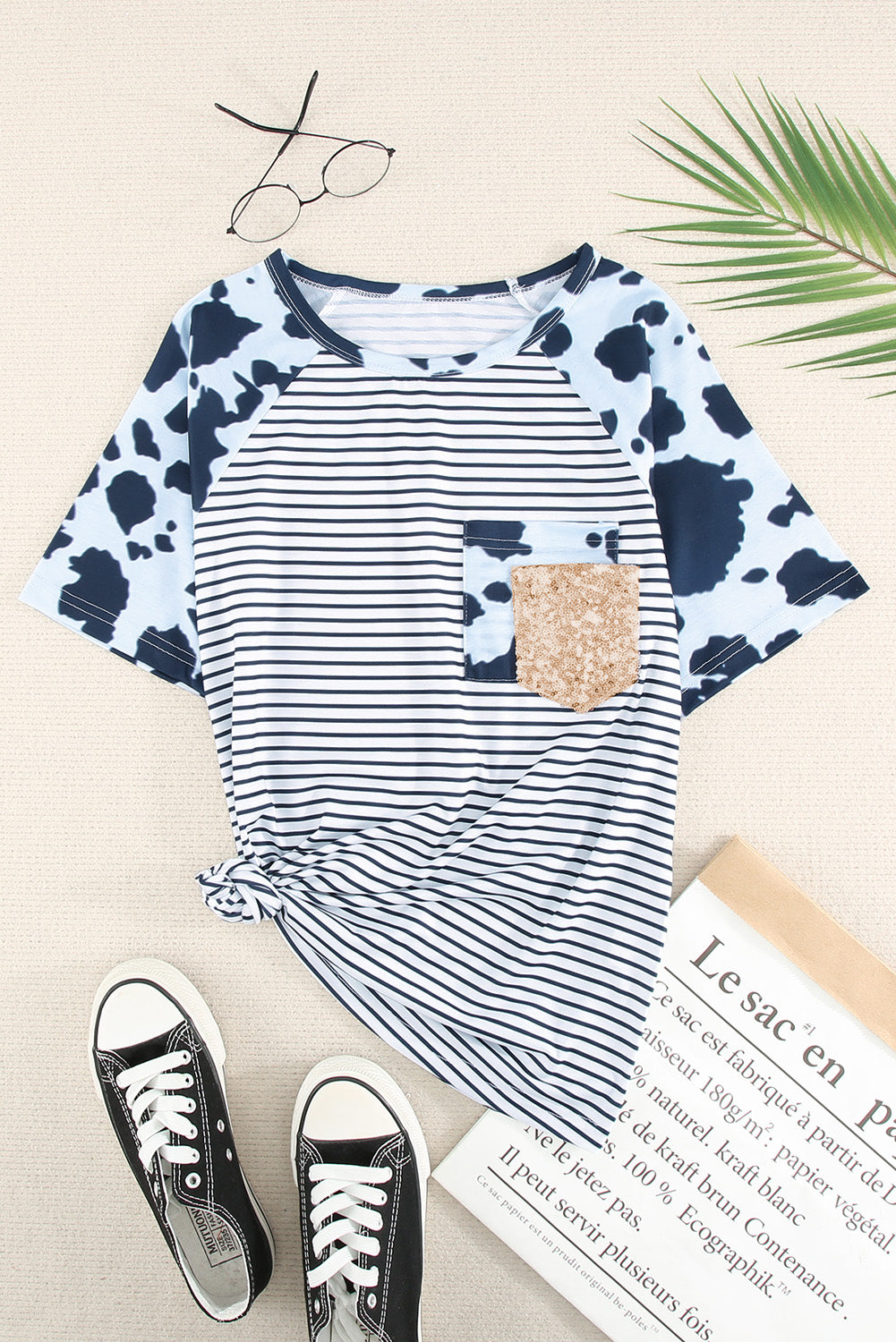 Cow Striped Sequined Splicing Pocket Short Sleeve Top
