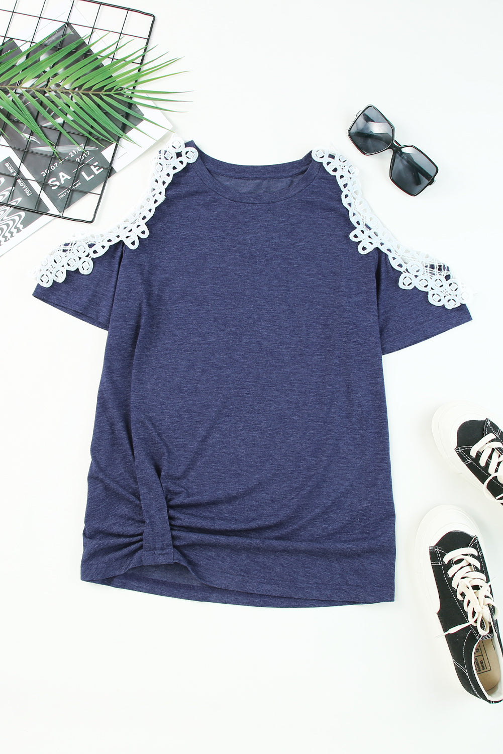 Blue Lace Splicing Twist Cold Shoulder Blouse