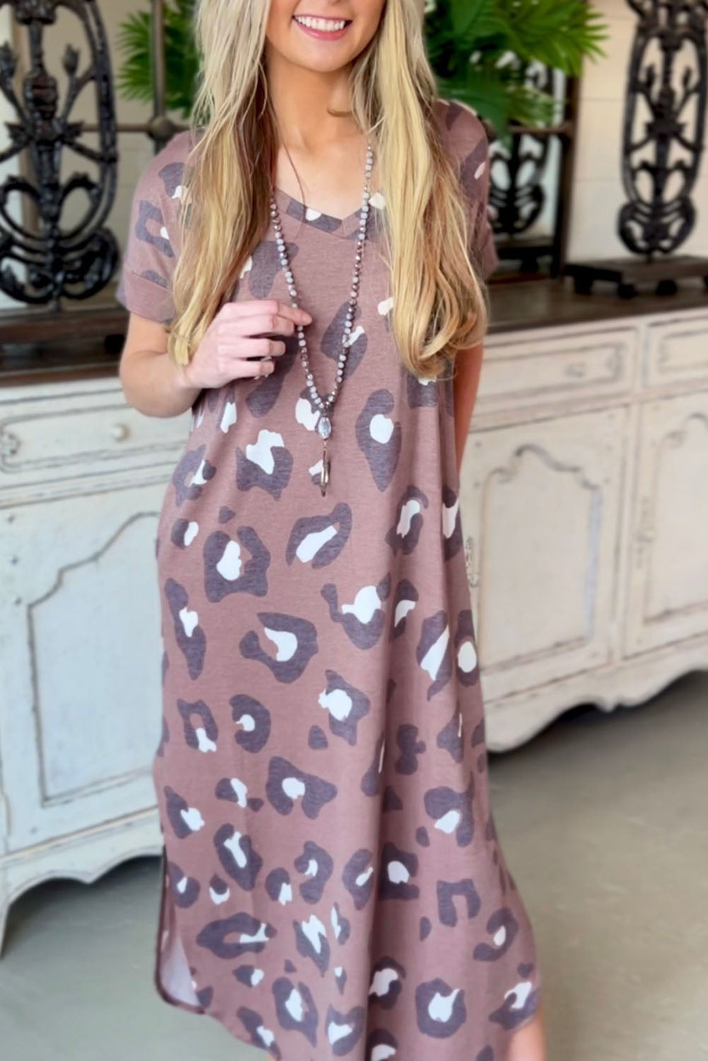 Leopard Print V Neck Long T-shirt Dress