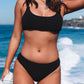 Black Solid 2pcs Low Neck Mid Waist Bikini Swimsuit