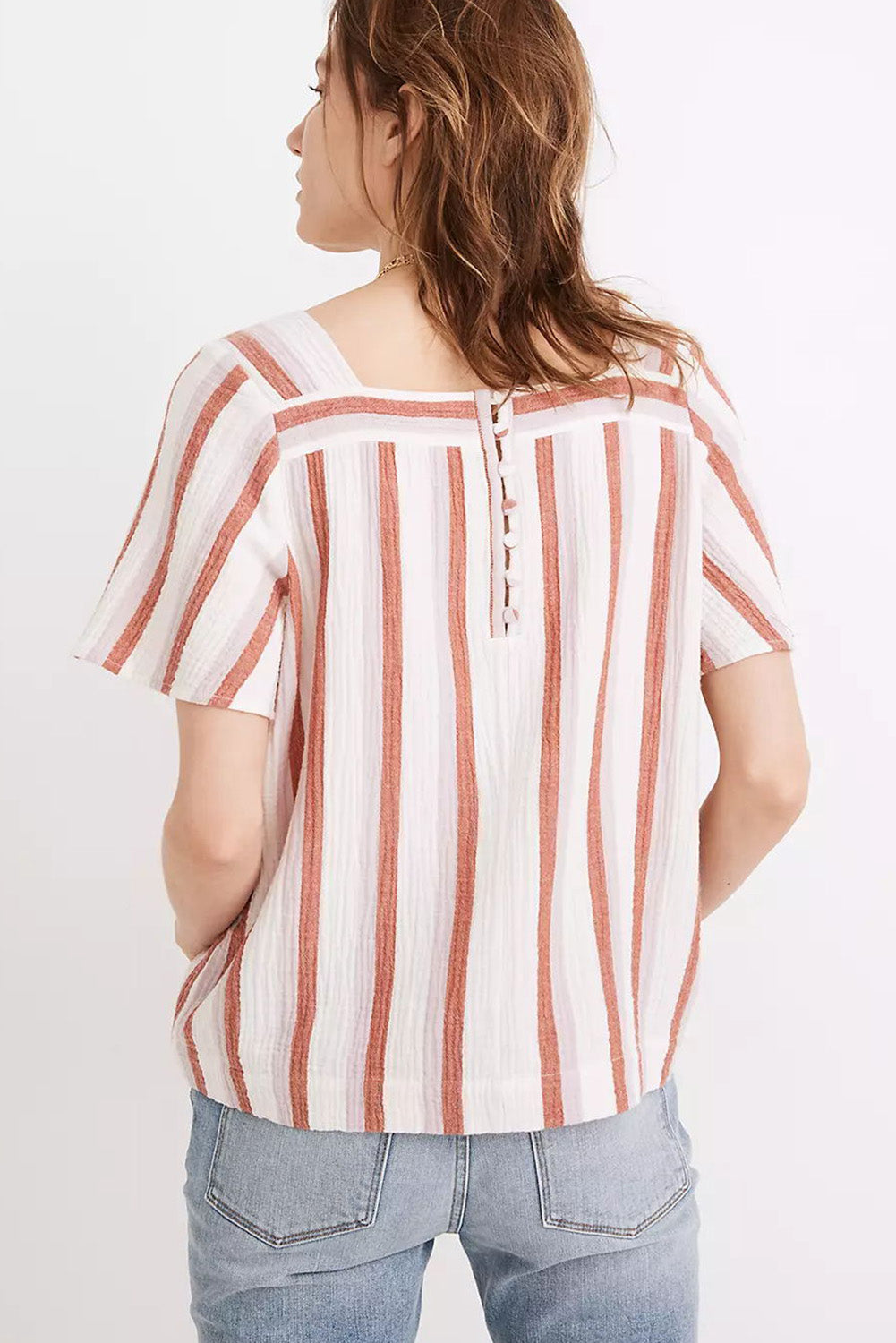 Orange Striped Buttoned Back Square Neck Blouse