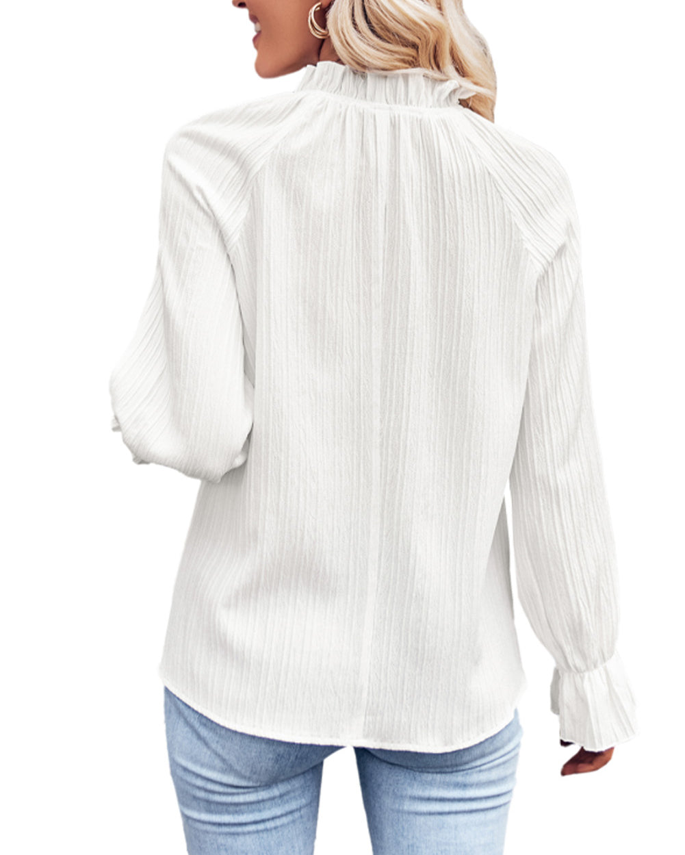 Frilled Mock Neck Ripple Bubble Sleeve Blouse