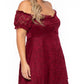 Red Lace Frill Bubble Sleeve Off Shoulder Plus Size Dress