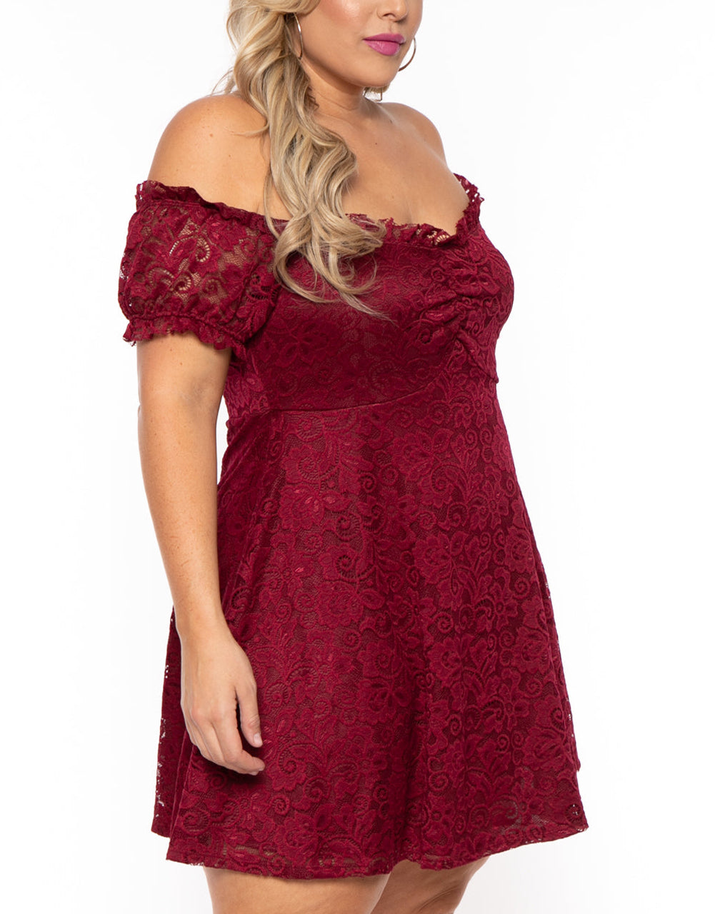 Red Lace Frill Bubble Sleeve Off Shoulder Plus Size Dress